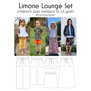 May include: A sewing pattern for a children's lounge set, featuring a long skirt, a short skirt, and two styles of pants. The pattern is called "Limone Lounge Set" and is available in sizes newborn to 14 years. #limoneloungeset