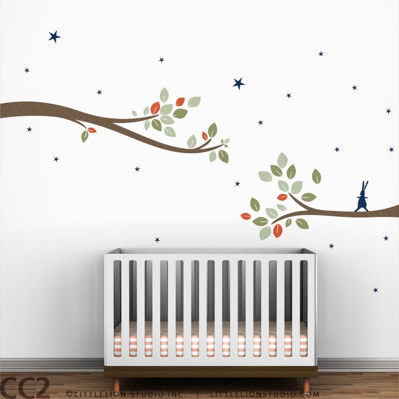 Modern Kids Room Tree Decal Follow the Little Rabbit Tree Branches Wall Decal Neutral Colors