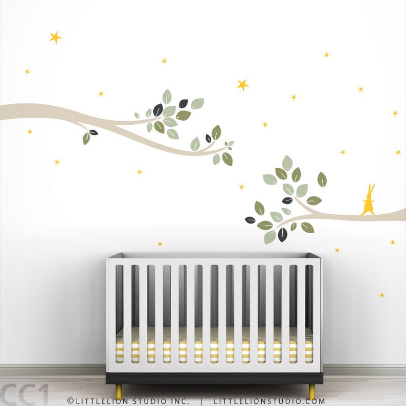 Modern Kids Room Tree Decal Follow the Little Rabbit Tree Branches Wall Decal Neutral Colors