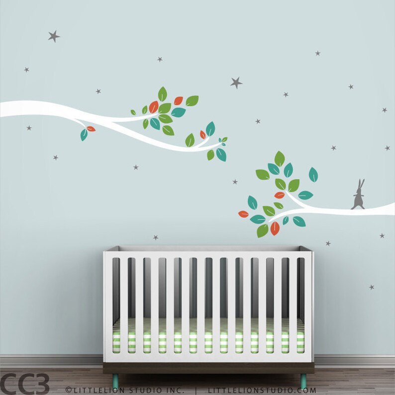Modern Kids Room Tree Decal Follow the Little Rabbit Tree Branches Wall Decal Neutral Colors