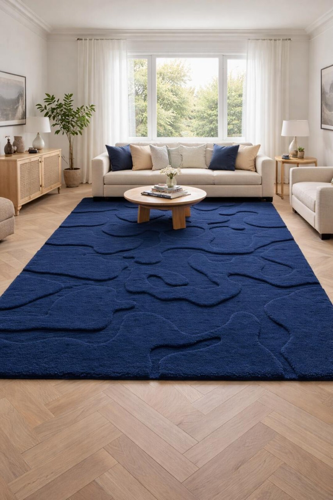 Hand Tufted Dark Blue Abstract Rug – Modern High Pile Navy Carpet - Etsy