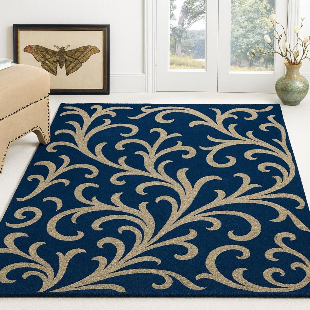 Hand-tufted |“elegant Navy Blue Floral Swirl Rug | Modern Decorative ...
