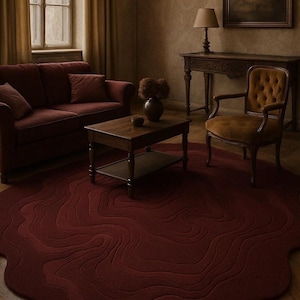 Tappeto bordeaux annodato a mano, tappeto di lusso con onde irregolari astratte, tappeto rosso vino fatto a mano.