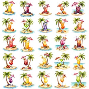 May include: A collection of twenty-five watercolor illustrations featuring tropical cocktails served in various glassware, each placed on a small sandy island with a palm tree and a pink cocktail umbrella, surrounded by assorted fresh tropical fruits.