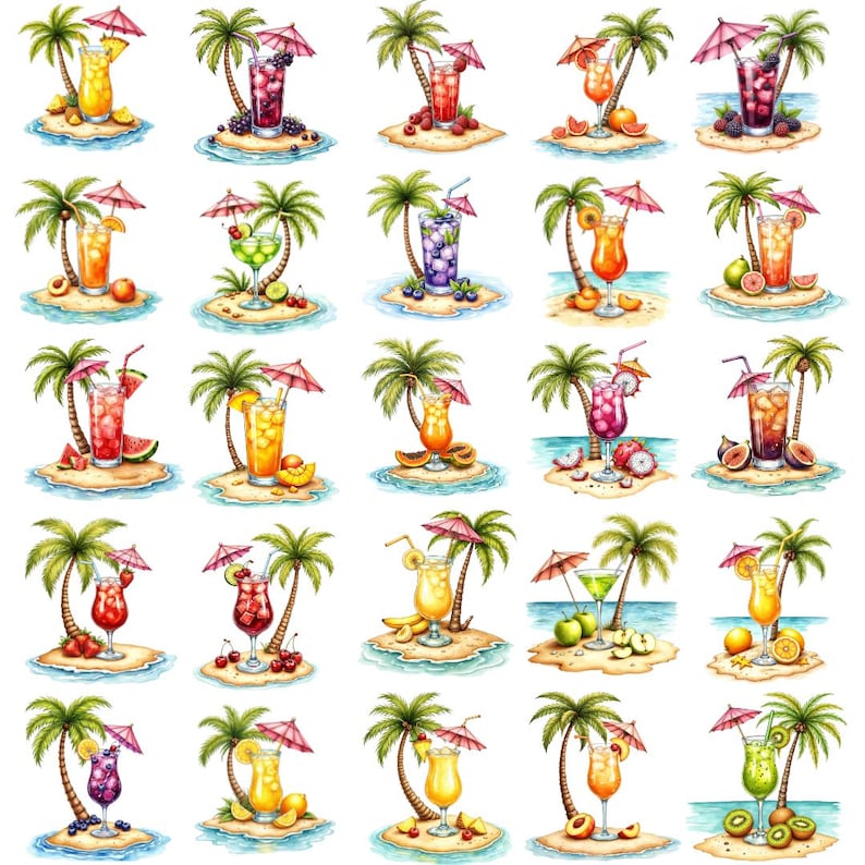 May include: A collection of twenty-five watercolor illustrations featuring tropical cocktails served in various glassware, each placed on a small sandy island with a palm tree and a pink cocktail umbrella, surrounded by assorted fresh tropical fruits.