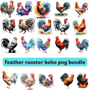 20 Aquarell Feder Hahn Boho PNG Bündel, Rustikale Bauernhof Tier Grafik, Hühnerliebhaber Png, Blumenfrühling Png, Brushstroke Huhn,