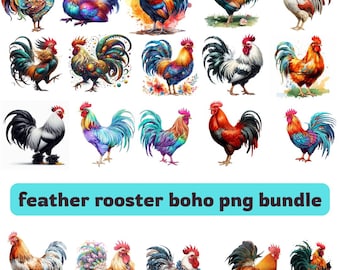Watercolor Rooster PNG Bundle, Boho Feather Floral Farm Graphics (Digital Download)