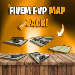 Peut inclure: Un graphique numérique avec le texte FIVEM PVP MAP PACK! et une étiquette 5 Map!. En dessous, cinq mises en page de cartes isométriques 3D distinctes sont affichées, montrant diverses structures, plates-formes et arènes grises sur un fond orange.