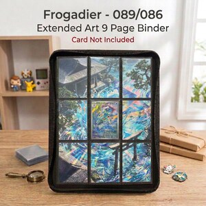 May include: A black zippered trading card binder featuring a nine-pocket page display. The binder displays a continuous, multi-card extended art illustration of a water-themed landscape. Text above reads: Frogadier - 089/086 Extended Art 9 Page Binder Card Not Included.