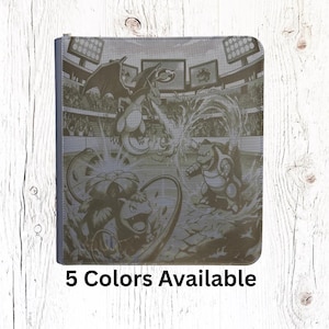 May include: A rectangular binder featuring a monochromatic graphic illustration of three creatures in a stadium setting. The design depicts a winged creature, a shelled creature, and a floral creature in a battle scene. The text 5 Colors Available is printed below.