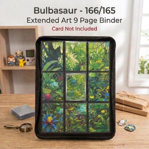 May include: A black 9-page card binder featuring a continuous jungle-themed illustration of Bulbasaur across the pockets. The text at the top reads Bulbasaur - 166/165 Extended Art 9 Page Binder, with a note stating Card Not Included.