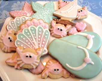 By The Sea Cookies- sandals,seahorse, crabs,starfish, seashells and sailboats