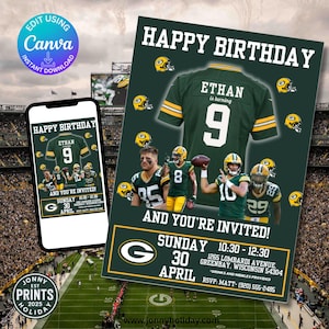 Green Bay Packers Editable - Birthday Packers Invitation NFL Party Birthday Invitation for Football Theme Digital Template Canva Download.