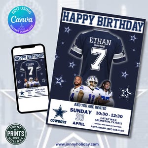 Dallas Cowboys- Birthday Invitation Cowboys Party Birthday Invitation for Football Theme Digital Template Canva Download.