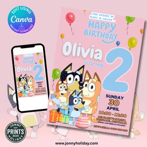 Bluey Birthday invitation Editable - Birthday Bluey Invitation Party Birthday Invitation for Bluey Theme Digital Template Canva Download.