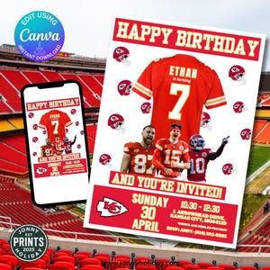 Kansas City Chiefs Editable - Birthday Chiefs Invitation NFL Party Birthday Invitation for Football Theme Digital Template Canva Download.