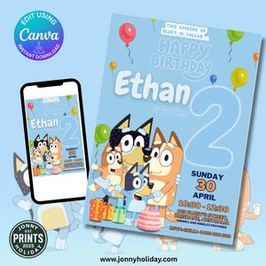 Bluey Birthday invitation Editable - Birthday Bluey Invitation Party Birthday Invitation for Bluey Theme Digital Template Canva Download.