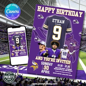 Minnesota Vikings bearbeitbar - Geburtstag Vikings Einladung NFL Party Geburtstagseinladung für Football Thema Digitale Vorlage Canva Download