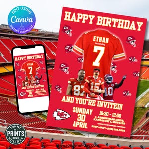 Kansas City Chiefs Editable - Birthday Chiefs Invitation NFL Party Birthday Invitation for Football Theme Digital Template Canva Download.