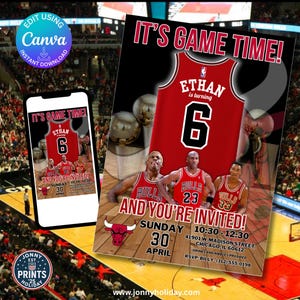 Chicago Bulls Birthday Invitation Bulls Party Birthday Invitation for Basketball Theme Bulls Party NBA Digital Template Canva Download.