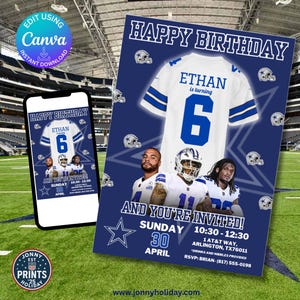 Dallas Cowboys- Birthday Invitation Cowboys Party Birthday Invitation for Football Theme Digital Template Canva Download.