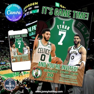 Boston Celtics- Jayson Tatum Birthday Invitation Party Birthday Invitation for Basketball Theme Celtic Party Digital Template Canva Download