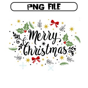 Feliz Navidad escrita a mano PNG, clipart de escritura navideña, acebo y copos de nieve navideños PNG, gráfico festivo de estrellas y lazos, descarga digital