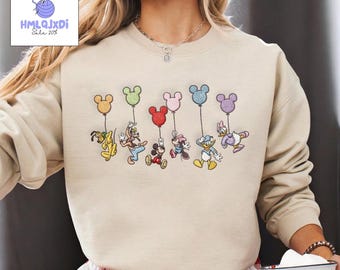 Embroidered Mickey and Friends Balloon Sweatshirt, Retro Disney World Crewneck, Family Vacation Matching Outfits, Mickey Minnie Disney Gift