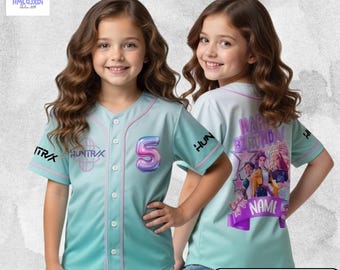 Camiseta de cumpleaños de Huntrix, camiseta personalizada con nombre y edad, conjunto de cumpleaños de cazadores de demonios de Kpop, camiseta de béisbol personalizada para niños, jóvenes y adultos.