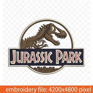 May include: Embroidered patch with the Jurassic Park logo. The design features a brown dinosaur skeleton inside a white-bordered circle, above a navy blue rectangle with "JURASSIC PARK" in white and red lettering.