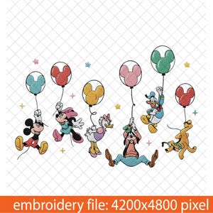 May include: An embroidery file featuring Disney characters Mickey Mouse, Minnie Mouse, Daisy Duck, Donald Duck, Goofy, and Pluto. Each character is holding a Mickey Mouse-shaped balloon in various colours. The text "embroidery file: 4200x4800 pixel" is at the bottom.