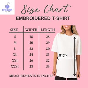 The image is a size chart for an embroidered t-shirt, showing the measurements for different sizes.