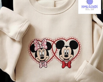 Embroidered Cartoon Couple Sweatshirt, Mickey Minnie Couple Sweatshirt, Custom Disney Couple Crewneck, Romantic Valentine Gift for Couples