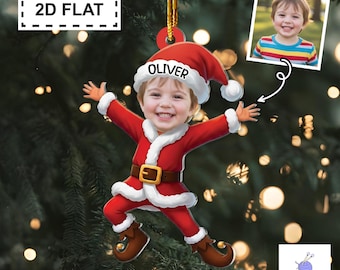 Personalized Baby Kid Face Ornament – Custom Photo Elf Santa Acrylic Ornament, Funny Baby 1st Christmas Gift, Sibling Holiday Gift