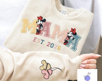 Personalized Disney Minnie Mama Embroidered Sweatshirt, Custom Kids Name on Sleeve Sweater, Minnie Mom Hoodie, Mother's Day Disney Gift 2026