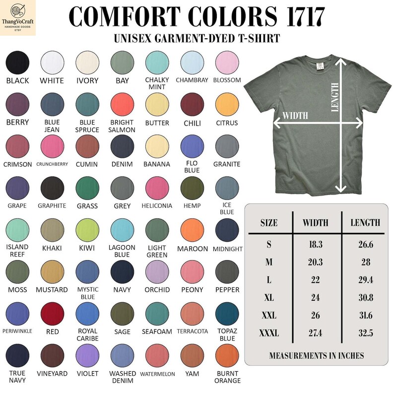 The image is a color swatch for a t-shirt, displaying various shades of green, blue, and gray. It also includes a table with measurements for the t-shirt, including width, length, and size.