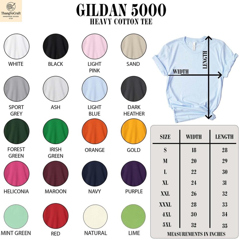 The image is a collage of various fabric colors and sizes, along with a table of measurements for a GILDA 5000 Heavy Cotton T-shirt.