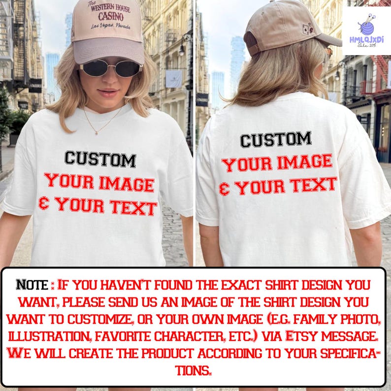 a woman wearing a t - shirt that says custom your image and your text