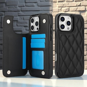 May include: Black leather phone case with a quilted design. The case has a magnetic closure and a wallet feature with blue card slots. The phone case is designed to fit a smartphone.