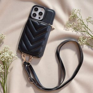 Custodia a tracolla di lusso per iPhone in pelle con motivo a V: funzione portafoglio, scomparti per carte con cerniera