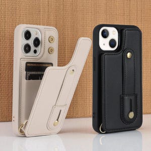 Custodia a portafoglio in pelle con cinturino da polso e cordino a tracolla staccabile per iPhone