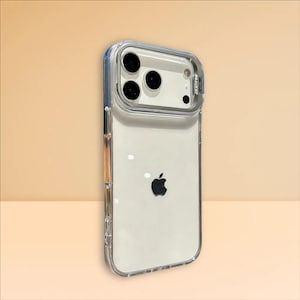 May include: Clear phone case with a protective bumper. The case has a transparent back with the Apple logo and a clear frame with a blue accent. The camera area is also protected with a clear frame.