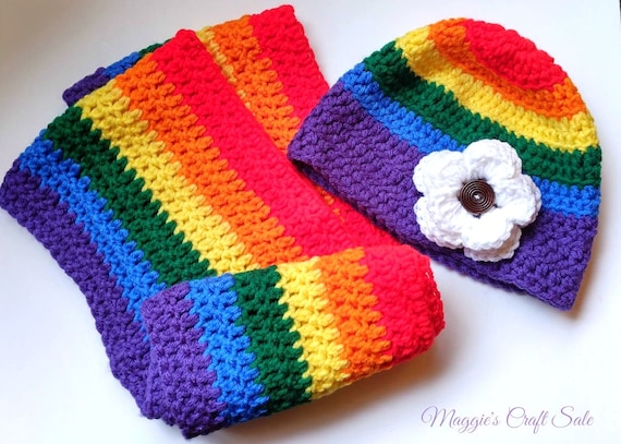 ? Handmade Rainbow Crocheted Beanie and Coordinated Scarf ? Rainbow Crochet Hat and Scarf Set, Multi Color - Etsy main image 2