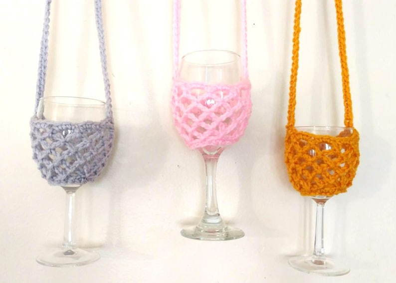 Crochet Wine Glass Holder, Crochet Glass Holder, Wine Glass Necklace Holder, Glass Cup Holder, Wine Holder with Neck Strap, Crochet Holder image 5