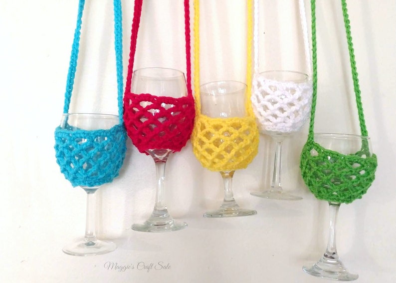 Crochet Wine Glass Holder, Crochet Glass Holder, Wine Glass Necklace Holder, Glass Cup Holder, Wine Holder with Neck Strap, Crochet Holder image 1