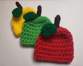 Micro Preemie Apple Hat, Fruit Hat, Red, Green, Yellow Apple, Tiny Hats, Tiny Babies, Nicu Baby, Miracle Baby, Rainbow Baby Crochet Beanie