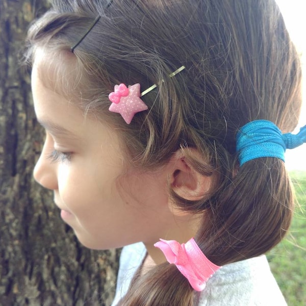 Star Bobby Pins, Little Star Hair Pins, Hair Accessory, Star Hair Piece, Stars with Bow, Bobbypins, Pink Stars, Green Stars