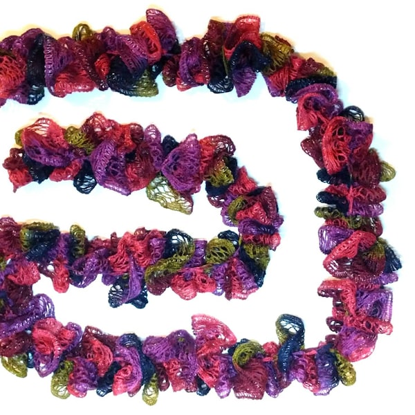 Ruffle scarf,  sashay scarf,  crochet scarf, mixed color scarf, variegated scarf,  purple green blue red scarf