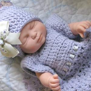 Newborn baby dress set, Stock Sale, Soft Purple, beanie, crochet dress outfit, crochet 3 piece set, Open back dress, baby dress, baby