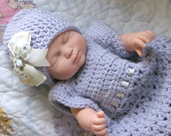 Newborn baby dress set, Stock Sale, Soft Purple, beanie, crochet dress outfit, crochet 3 piece set, Open back dress, baby dress, baby